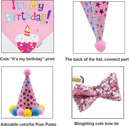 ADOGGYGO Dog Birthday Bandana Scarf and Puppy Girl Birthday Party Hat with Cute Bow Tie for Small Dog Cat (Small)