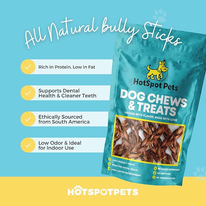 hotspot pets Braided Bully Sticks for Dogs - (12 Inch Stix- 5 Count) Premium All Natural Long Lasting Twisted Beef Pizzle Lasting Dog Chew Treats - Grain Free Fully Digestible Rawhide Alternative