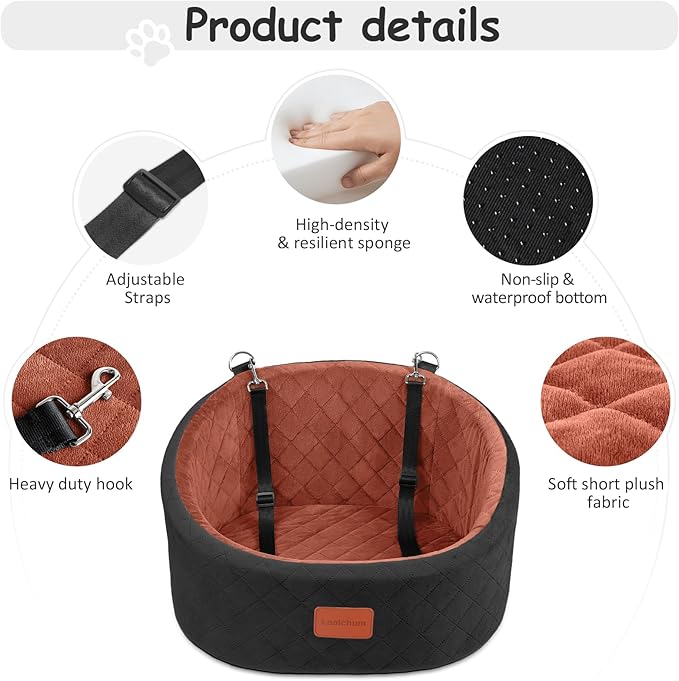 Dog Car Seat for Small Dogs Up to 30 Lbs,Ultra Soft Fabric Fill in Comfy Memory Foam,Happy Pet Ride,2 Safety Dog Leashes,Fully Detachable and Washable,Anti Slip Base (Black/Brown, Small)
