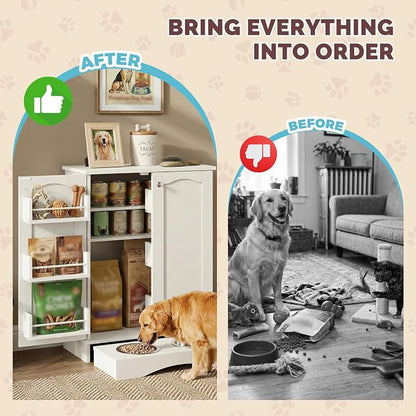 32" H Dog Feeding Station with Storage with Adjustable Shelves | Pet Food Storage Cabinet with 2 Elevated Bowls,Hooks & Letter Stickers,Hidden Dog Feeding Organizer for Cats and Dogs,White
