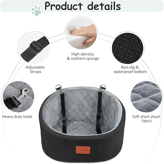 Dog Car Seat for Small Dogs Up to 30 Lbs,Ultra Soft Fabric Fill in Comfy Memory Foam,Happy Pet Ride,2 Safety Dog Leashes,Fully Detachable and Washable,Anti Slip Base(Black/Grey)