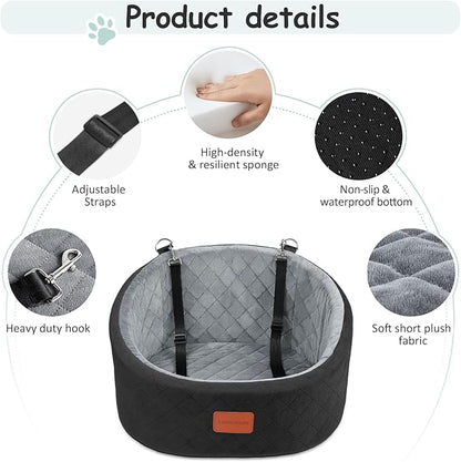 Dog Car Seat for Small Dogs Up to 30 Lbs,Ultra Soft Fabric Fill in Comfy Memory Foam,Happy Pet Ride,2 Safety Dog Leashes,Fully Detachable and Washable,Anti Slip Base(Black/Grey)