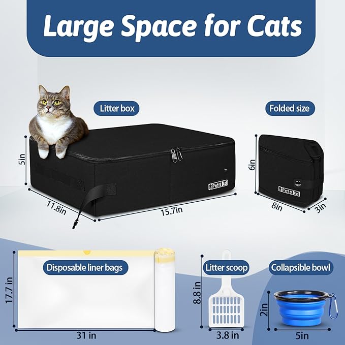 Petskd Portable Cat Travel Litter Box with Lid and 10 pcs Disposable Liner Bags, Leak-Proof and Collapsible, Cat Travel Essentials for Car, Hotel, Airplane and Other Outdoor Use(Black)