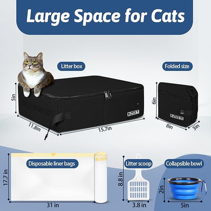 Petskd Portable Cat Travel Litter Box with Lid and 10 pcs Disposable Liner Bags, Leak-Proof and Collapsible, Cat Travel Essentials for Car, Hotel, Airplane and Other Outdoor Use(Black)