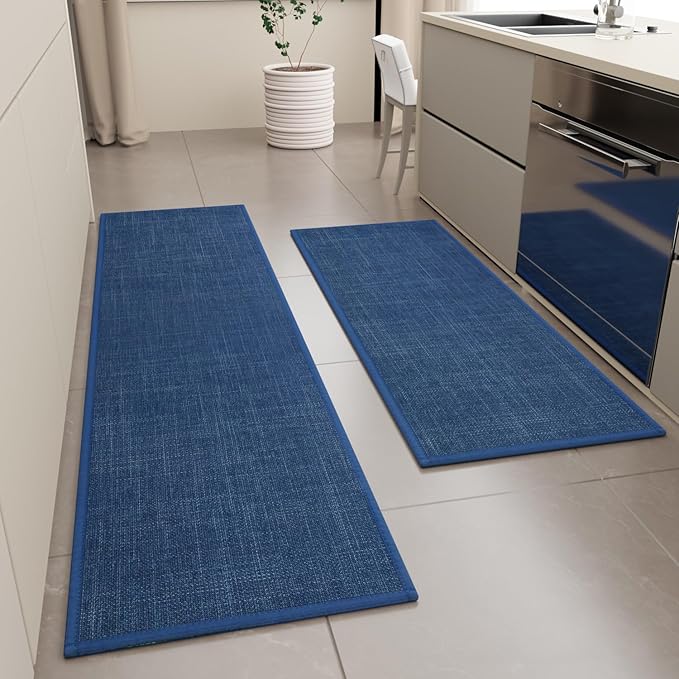 Kitchen Mat Set of 2 PCS, Cushioned Non Slip Rugs for Kitchen Floor, Absorbent Runner Comfort Standing Mats Washable for Kitchen, Office, Home (Dark Blue, 17.3"x47"+17.3"x71")