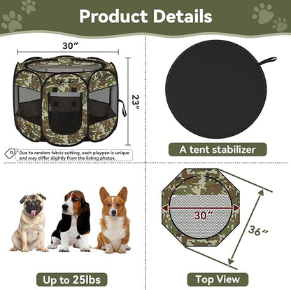 Siedihit Dog Cat Playpen, Medium Puppy Pet Playpen, Dog Crate Tent Cage | Indoor/Outdoor, Portable Pop Up Dogs Kennel Playpen with Carrying Case for Dogs/Cats/Rabbits(Green Camo, Medium)