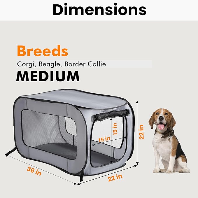 Beatrice Home Fashions Portable, Collapsible, Pop Up Kennel Travel Cat and Dog Crate, 36" L x 22" W x 22" H, Gray