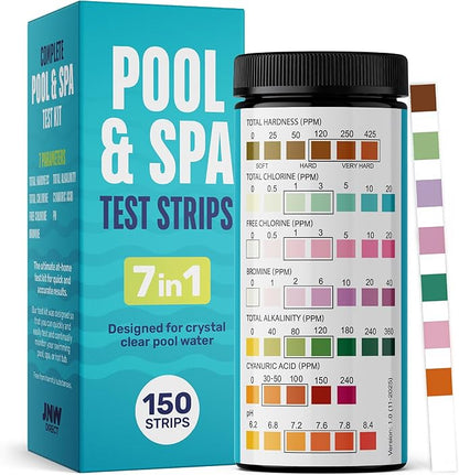 JNW 7-in-1 Pool Test Strips, 150 Quick & Accurate Test Strips for Pool Water, Spa Test Strips for Hot Tub, Chlorine Test Strips, Bromine, pH, Alkalinity, Hardness & More - Swimming Pool Test Kit