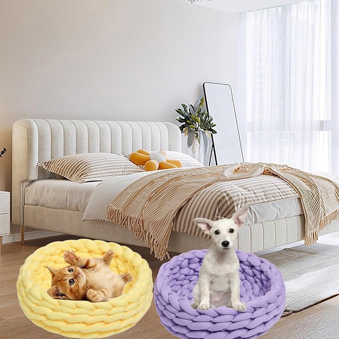 Woven Dog Bed Basket, Knitted Cotton Cat Bed Round Washable Woven Cat Pet Bed Chunky Dog Basket, Orthopedic, Chunky Knit Dog Nest,Dog Bed,Dog Cave,Dog Bedding(Purple,23")