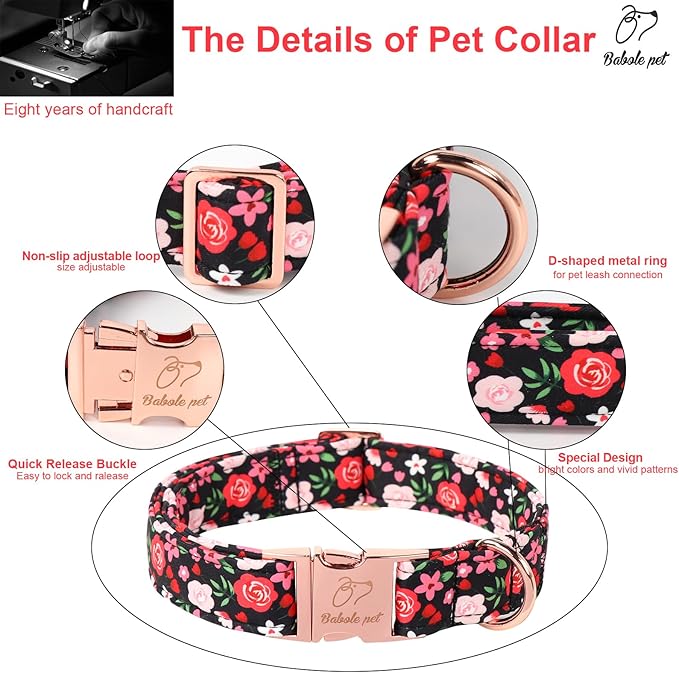 Floral Dog Collar - Rose Red Wild Flowers Pattern Cute Puppy Collar, Adjustable Winter Holiday Metal Buckle Dog Collars for Small Medium Large Dogs M