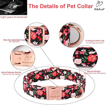 Floral Dog Collar - Rose Red Wild Flowers Pattern Cute Puppy Collar, Adjustable Winter Holiday Metal Buckle Dog Collars for Small Medium Large Dogs M
