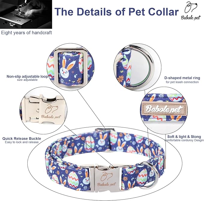 Easter Dog Collar, Cute Easter Bunny Eggs Pet Collar with Metal Buckel, Durable Adjustable Holiday Dog Collars for Small Medium Large Dogs XS