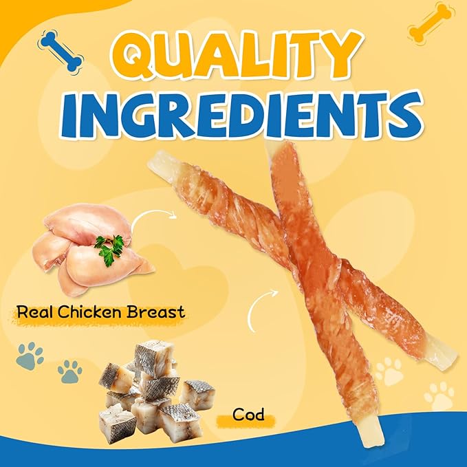 Gazeupon Rawhide Free Dog Treats, Chicken Wrapped Cod Sticks, Healthy Training Treats, Soft Chewy Snacks for Small Dogs w/Glucosamine Chondroitin, Low Fat