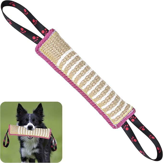 Dog Tug Toy Dog Bite Jute Pillow Pull Toy with 2 Strong Handles for Tug of War, Puppy Interactive Play, Tear Resistant Bite Training Toys for Small Medium Large Dogs (Pink Yellow Footprint)