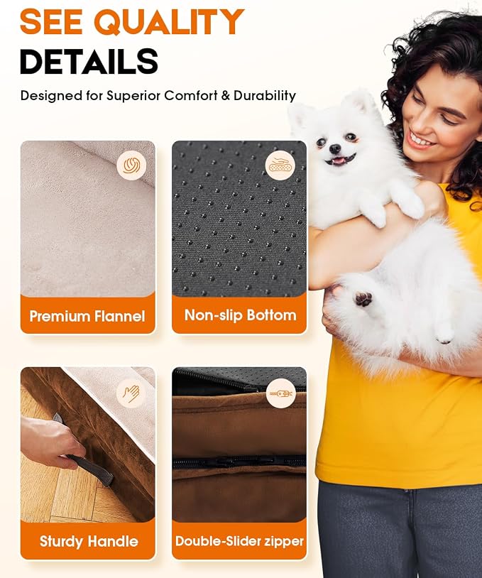 Upvilla Orthopedic Dog Bed XXL, Four-Sided Dog Sofa, Washable Cover, Brown | Removable Waterproof Dog Bed Cover, Egg-Crate Orthopedic Foam, Built-In Carry Handle, Indoor Large Pet Beds, Cat Beds