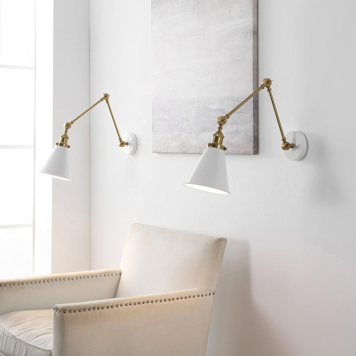 JONATHAN Y JYL7462B-SET2 Rover 7" Classic Industrial Metal Adjustable Arm LED Wall Sconce, White/Brass Gold (Set of 2) for Bedroom, Bathroom, Vanity