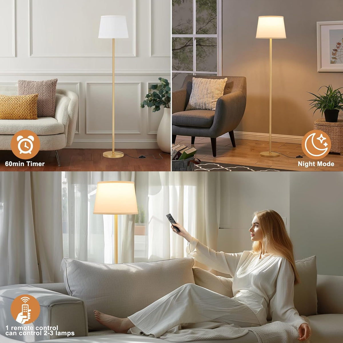 Floor Lamps for Living Room - Modern Gold Floor Lamp with Remote Control, Dimmable Colors Temperature Standing Lamp with LED Bulbs, Tall Lamp for Bedroom Office Kid Room - Brass Gold