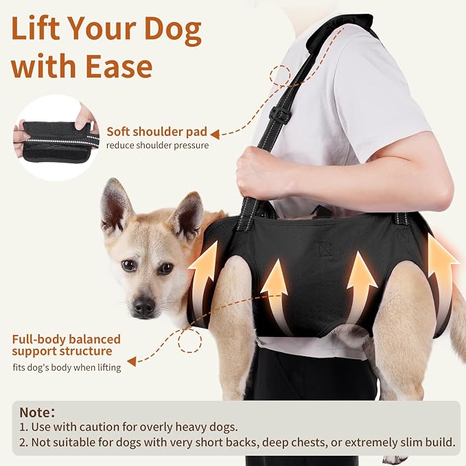 Full Body Dog Lift Harness, Support Senior & Disabled Dogs Walking | Help Up & Down Stairs Grooming, Dog Sling Backpack, Front Hind Leg Joint Injuries, Reflective, Soft Padded Handle | Black, S