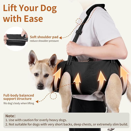 Full Body Dog Lift Harness, Support Senior & Disabled Dogs Walking | Help Up & Down Stairs Grooming, Dog Sling Backpack, Front Hind Leg Joint Injuries, Reflective, Soft Padded Handle | Black, S