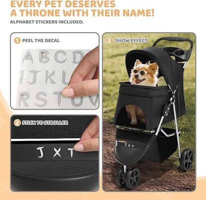 Magshion 3-Wheel Pet Stroller for Small/Medium Dog Cat, Up to 33lbs, Black | Foldable Travel Jogger w/ Breathable Mesh Cover, Lightweight Design, Safety Tethers, Cup Holder & Storage Basket