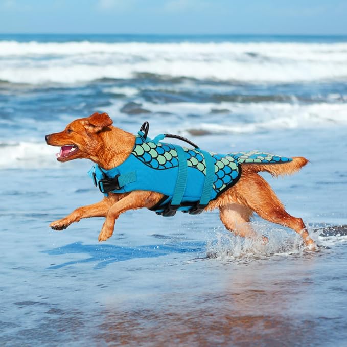 Mermaid Dog Life Jacket - Lightweight Dog Swimming Vest, High Buoyant, Blue, L