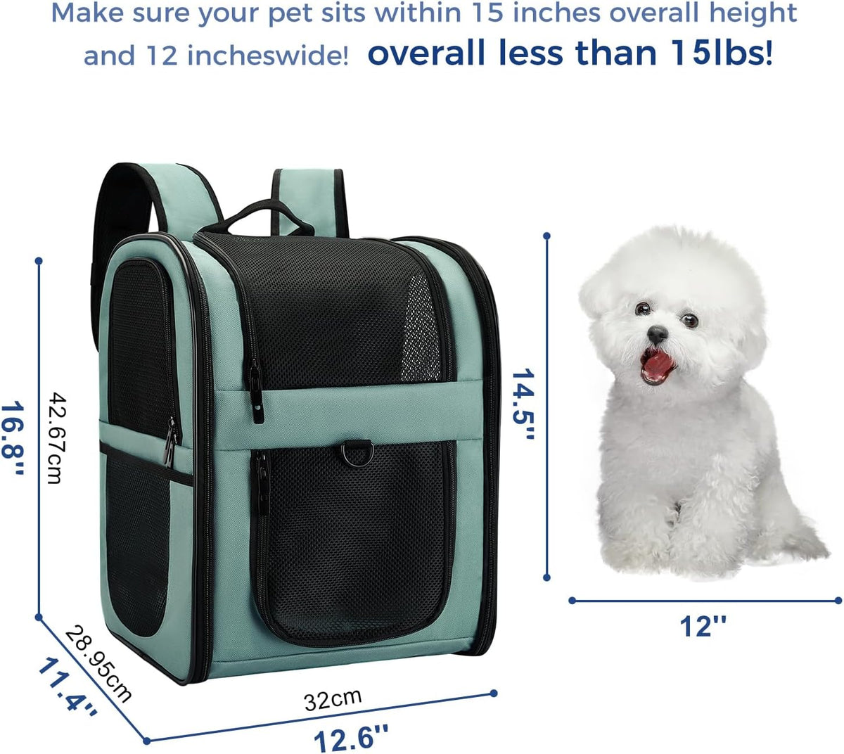 Apollo Walker Dog & Cat Carrier Backpack for 4-15lb Pets - Ventilated Safe Design with Padded Back Support, Breathable Mesh Pet Backpack for Hiking, Travel, Outdoor (Blue)