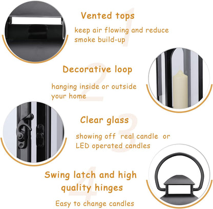 Bdor 2 Pack Large Luxury Lantern Decorative Tall 20 Inches Black Metal Hurricane Lanterns with Tempered Glass Panels for Front Porch,Tabletop, Mantle, Wall Hanging, or Garden, Indoor & Outdoor Décor