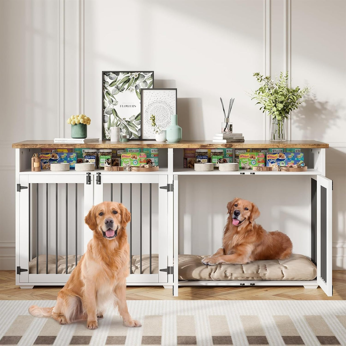 72'' Dog Crate Furniture for 2 Dogs, Wooden Dog Cage with Storage Compartment, Indoor Dog Kennel with 4 Doors for Large/Medium Dogs, White