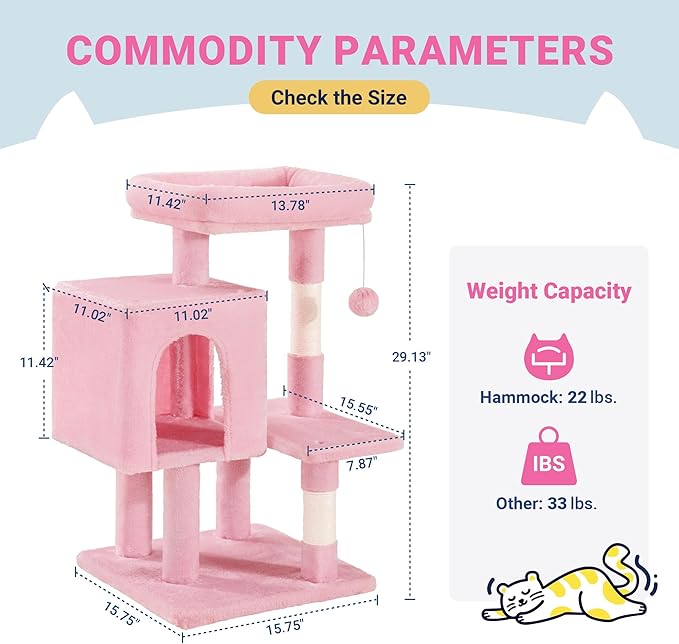 Allewie 29 Inches Cat Tree Tower/Plush Perches Platform/Condo/House/Sisal Scratching Posts/Multi-Level Activity Center Furniture for Kittens/Pink