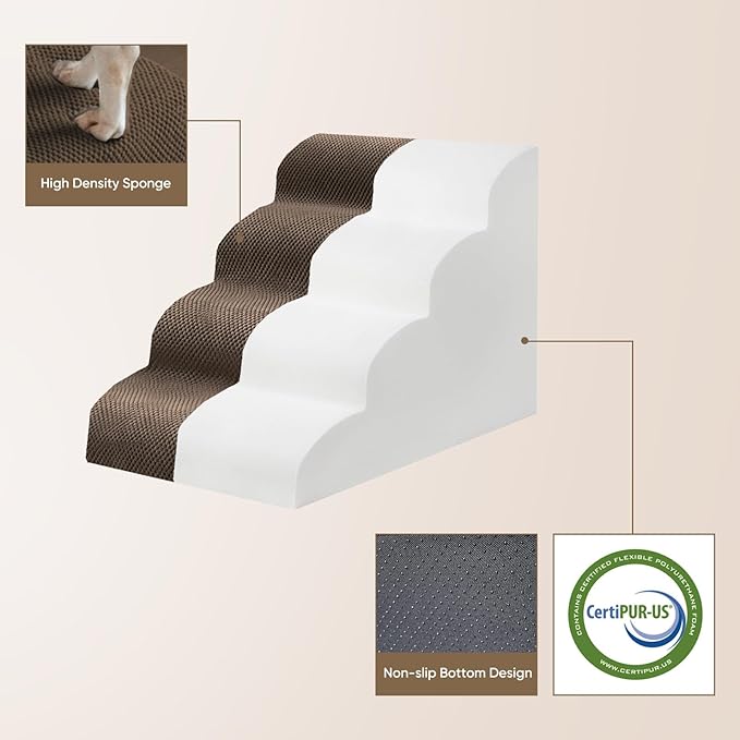 PAWSCART Pet Stairs for Dogs 3-Step, 15.7" H Pet Stairs for High Bed, Couch Sofa & Chair, 30D Material Soft Foam Dog Steps with Non-Slip Bottom Surface Removable Washable Cover, Brown