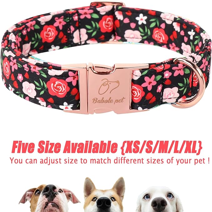 Floral Dog Collar - Rose Red Wild Flowers Pattern Cute Puppy Collar, Adjustable Winter Holiday Metal Buckle Dog Collars for Small Medium Large Dogs M