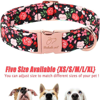 Floral Dog Collar - Rose Red Wild Flowers Pattern Cute Puppy Collar, Adjustable Winter Holiday Metal Buckle Dog Collars for Small Medium Large Dogs M