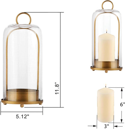 12" High Versatile Modern Metal Hurricane Lantern with Handmade Sturdy Glass Dome for 3" Pillar Candle & Plants (Brass, 5"x12")