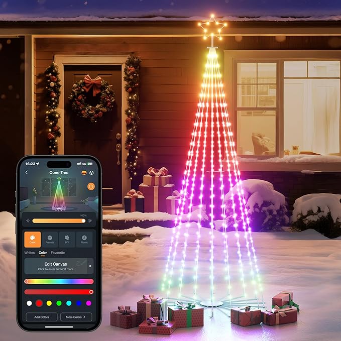 Linkind Christmas Cone Tree Lights, 7ft 460 LEDs Christmas Tree Lights, 85+ Scene Modes, App-Controlled, IP65 Waterproof Outdoor Indoor String Lights for Xmas Decorations, Music Sync, Holiday Decor