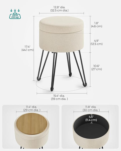 SONGMICS Vanity Stool Chair, Small Ottoman Stool with Storage, Vanity Chair, 15.4 Dia. x 17.4 Inches, 4 Metal Legs, for Makeup Room, for Living Room, Bedroom, Cream White ULOM002W01