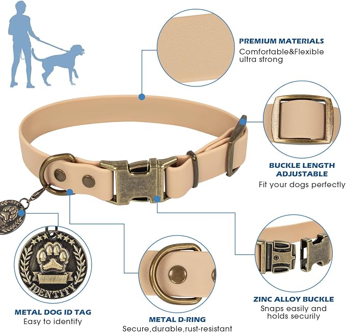 Wisedog Waterproof Dog Collar and Leash Set, XL, Sand Color | Adjustable Puppy Collar, Cute Tag, 6FT Dog Leash, Includes Poop Bag, For Small Medium Large Dogs