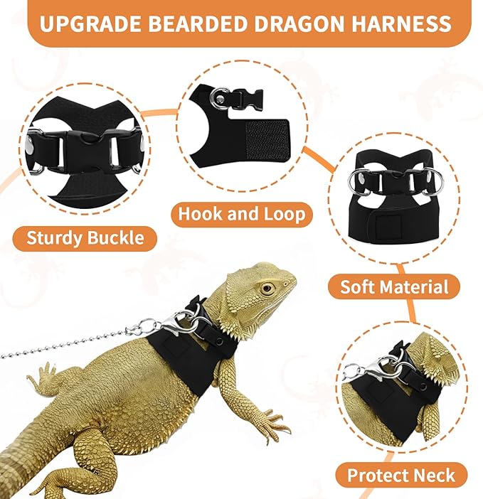 3 Pack Bearded Dragon Leash and Harness Set for Small Animals, 6.5FT Leash with 3 Sizes Adjustable Harness for Lizard Walking Adventure, Soft Vest Clothes for Squirrel Reptile Lovers -Black