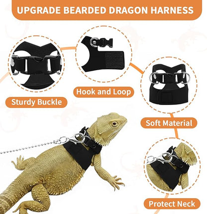 3 Pack Bearded Dragon Leash and Harness Set for Small Animals, 6.5FT Leash with 3 Sizes Adjustable Harness for Lizard Walking Adventure, Soft Vest Clothes for Squirrel Reptile Lovers -Black