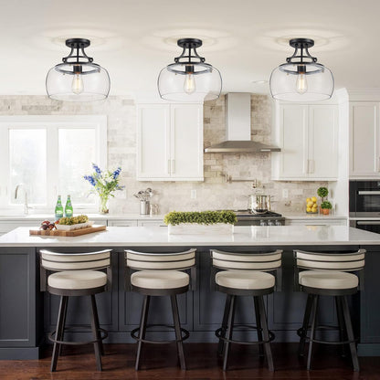 WUZUPS Chandelier Rustic Farmhouse Industrial Round Semi-flushmount Ceiling LED Light Fixture with Clear Glass Shades for Bathroom Kitchen Foyer Entryway, H 11.8" x W 13.4", E26 Base, Black