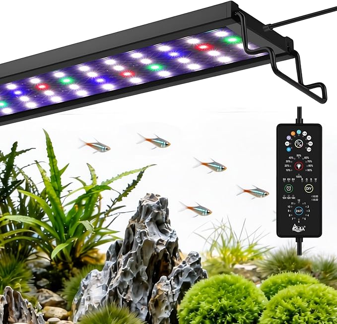 AQQA Full Spectrum Aquarium Plant Light LED Fish Tank Light IP68 Waterproof with 24/7 Natural Mode & DIY RGBW Mode, 9 Colors & 10-Level Brightness Adjustable, 6 Timer Settings for 24"-32" Tank (26W)