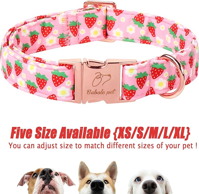 Strawberry Dog Collar for Puppy Small Dogs - Adjustable Spring Summer Pink Girl Dog Collars, Cute Girly Female Pet Collar with Metal Buckle XS