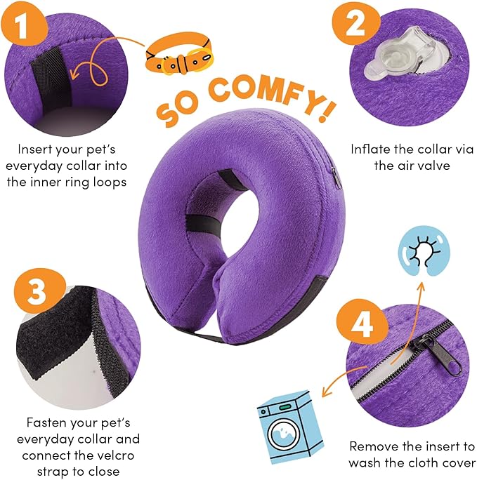 BENCMATE Inflatable Dog Cone Collar Alternative, Soft Dog Cone for Small Medium Large Dogs and Cats, Neck Recovery ECollar Donut Collar After Surgery (Small, Purple)