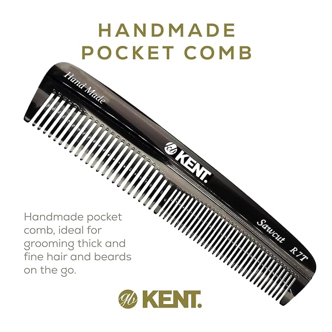 Kent R7TG Black Graphite Double Tooth Hair Pocket Comb, Small Fine/Wide Tooth Comb For Styling Hair, Beard and Mustache, for Men, Women and Kids. Saw Cut and Hand Polished. Handmade in England