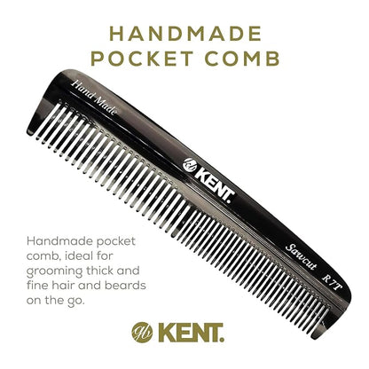 Kent R7TG Black Graphite Double Tooth Hair Pocket Comb, Small Fine/Wide Tooth Comb For Styling Hair, Beard and Mustache, for Men, Women and Kids. Saw Cut and Hand Polished. Handmade in England