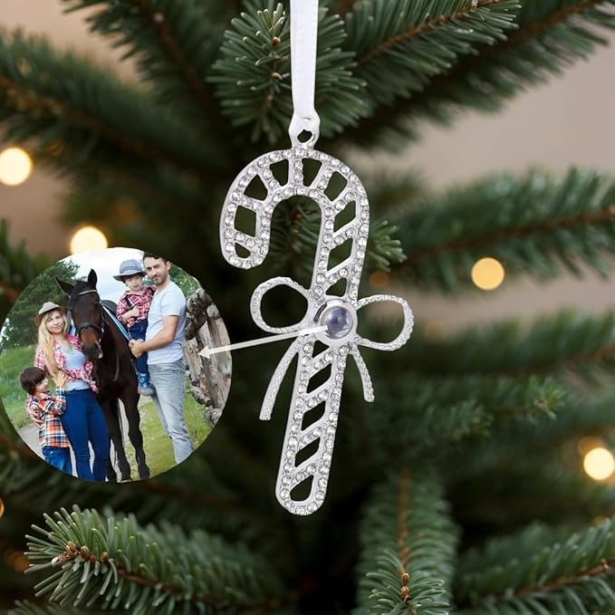 NAZENTI Personalized Christmas Tree Candy Cane Ornament, Custom Projection Photo Decoration for Family, Christmas Bauble, Projection Xmas Tree Decoration with Picture Inside