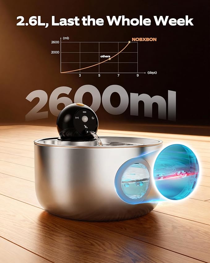 Wireless Cat Water Fountain Cordless: Stainless Steel Cat Fountains for Drinking - 88oz/2.6L Battery Operated Pet Water Fountain Indoor with Motion Sensor - Rechargeable Automatic Water Dispenser