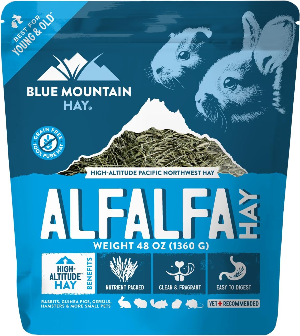 Blue Mountain Hay | Fresh Alfalfa Hay (48 Ounce) | High Leaf Retention | Nutritious High-Altitude Hay Pet Food for Rabbits, Guinea Pigs, Chinchillas, Hamsters, and Other Small Pets