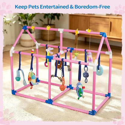 Liitrton Puppy Play Gym for Small Dogs & Kittens, Large PVC Pink Frame | Indoor Puppy Jungle Gym with 14 Hanging Enrichment Toys, Reduce Puppy & Cats Boredom