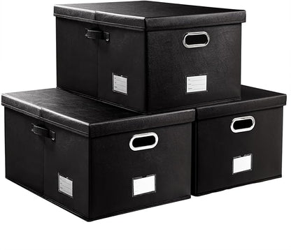 PRANDOM Collapsible Storage Box with Lid [3-Pack] Leather Fabric Foldable Storage Bin Organizer Container Basket Cube with Cover for Home Bedroom Closet Office Nursery Black(22.8X15.7X11.8)