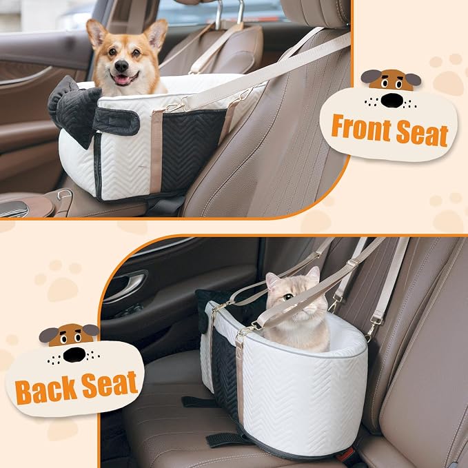 Dog Car Seat for Small Dogs, Portable Center Console Dog Car Seat, Pet Booster Seats with Safety Belt and Soft Cushion, Pet CarSeat for Dogs and Cats Under 15 lbs, White
